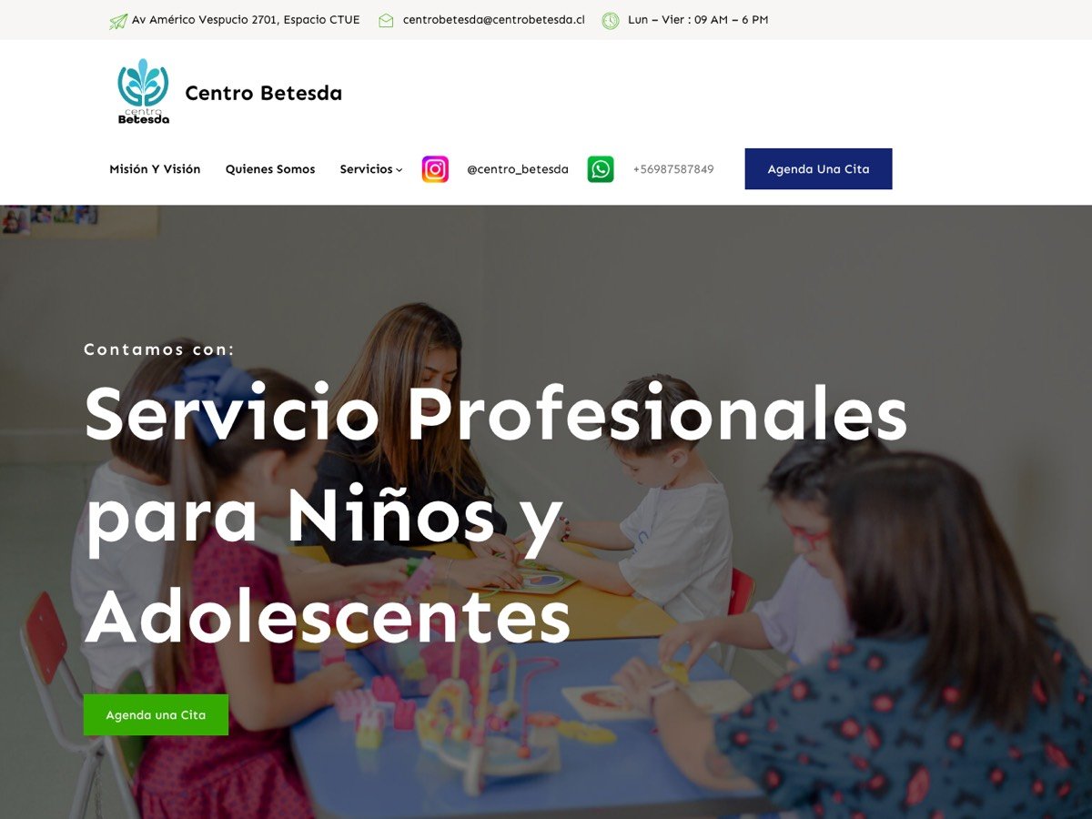 Portada del sitio web del Centro Betesda, centro de servicios profesionales para niños y adolescentes, diseñado por GEOTEL