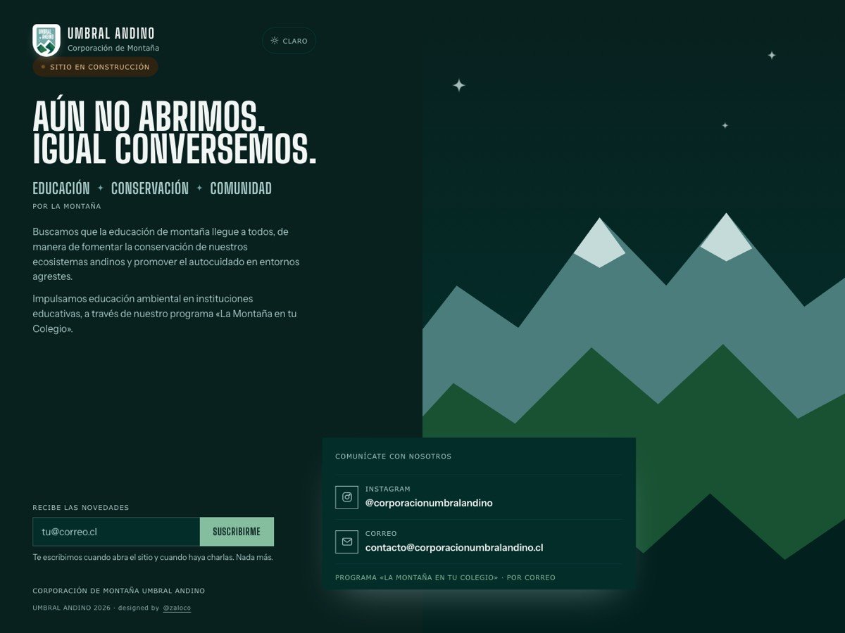 Portada del sitio web de la Corporación de Montaña Umbral Andino, landing de prelanzamiento diseñada por GEOTEL